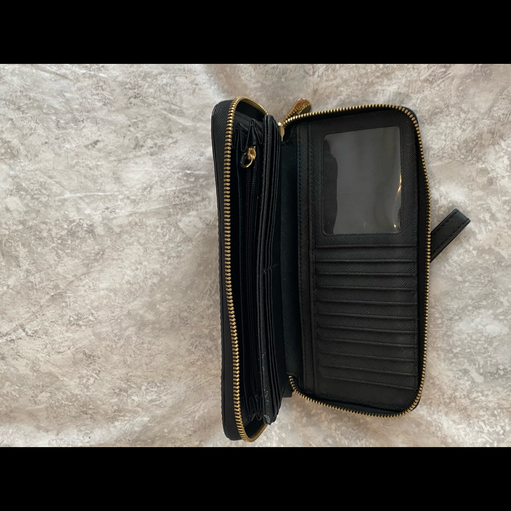 Black Leather Zipper Wallet By Michael Kors - Gold Zipper
